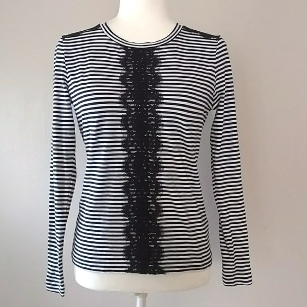 J. Crew Navy White Stripe Tee w/Lace Detail XS